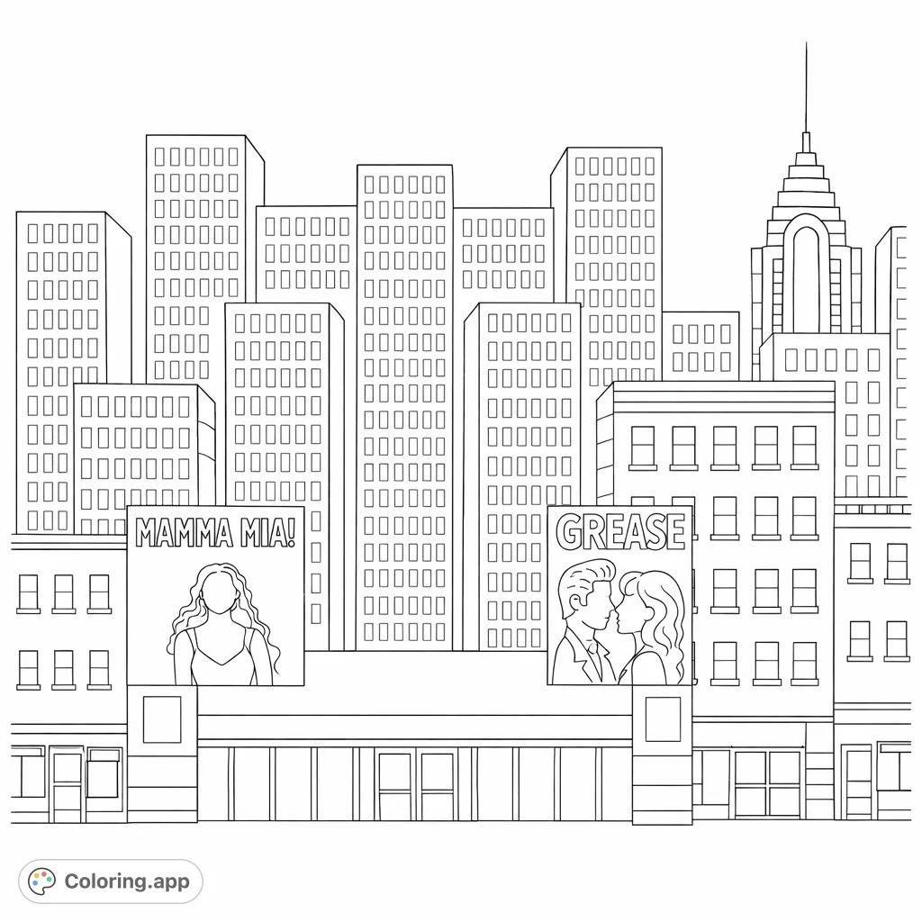 Explore a lively cityscape featuring iconic Broadway show posters from 'Mamma Mia!' and 'Grease.' A fun, free printable urban theater coloring page for all ages.
