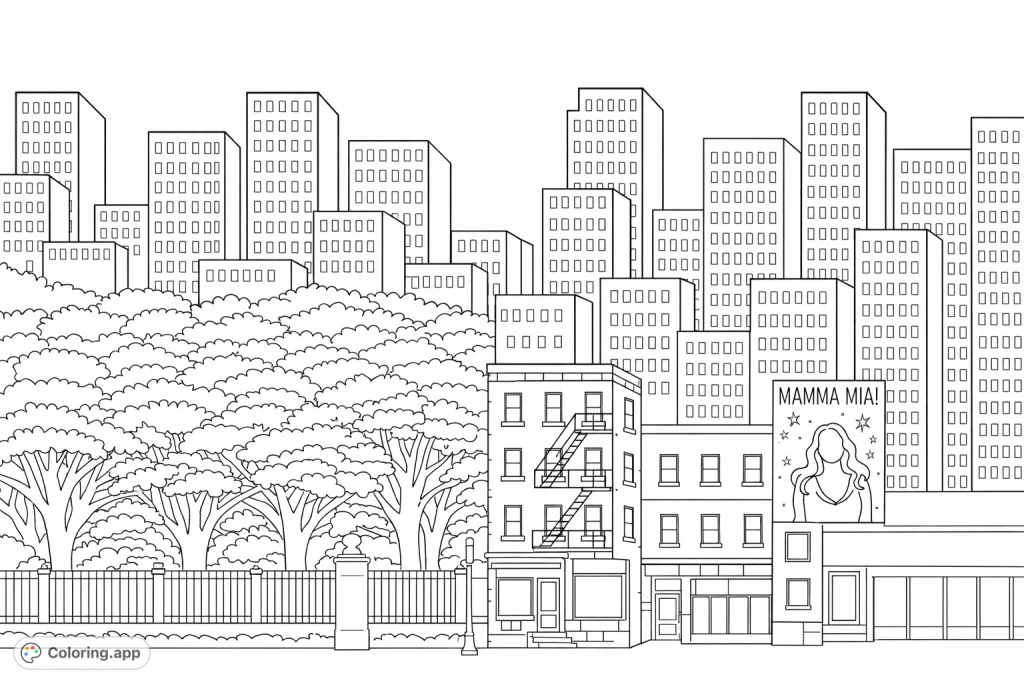 Explore a simple cityscape coloring page featuring tall buildings, a serene park with a fence, and an urban street scene, perfect for young artists.