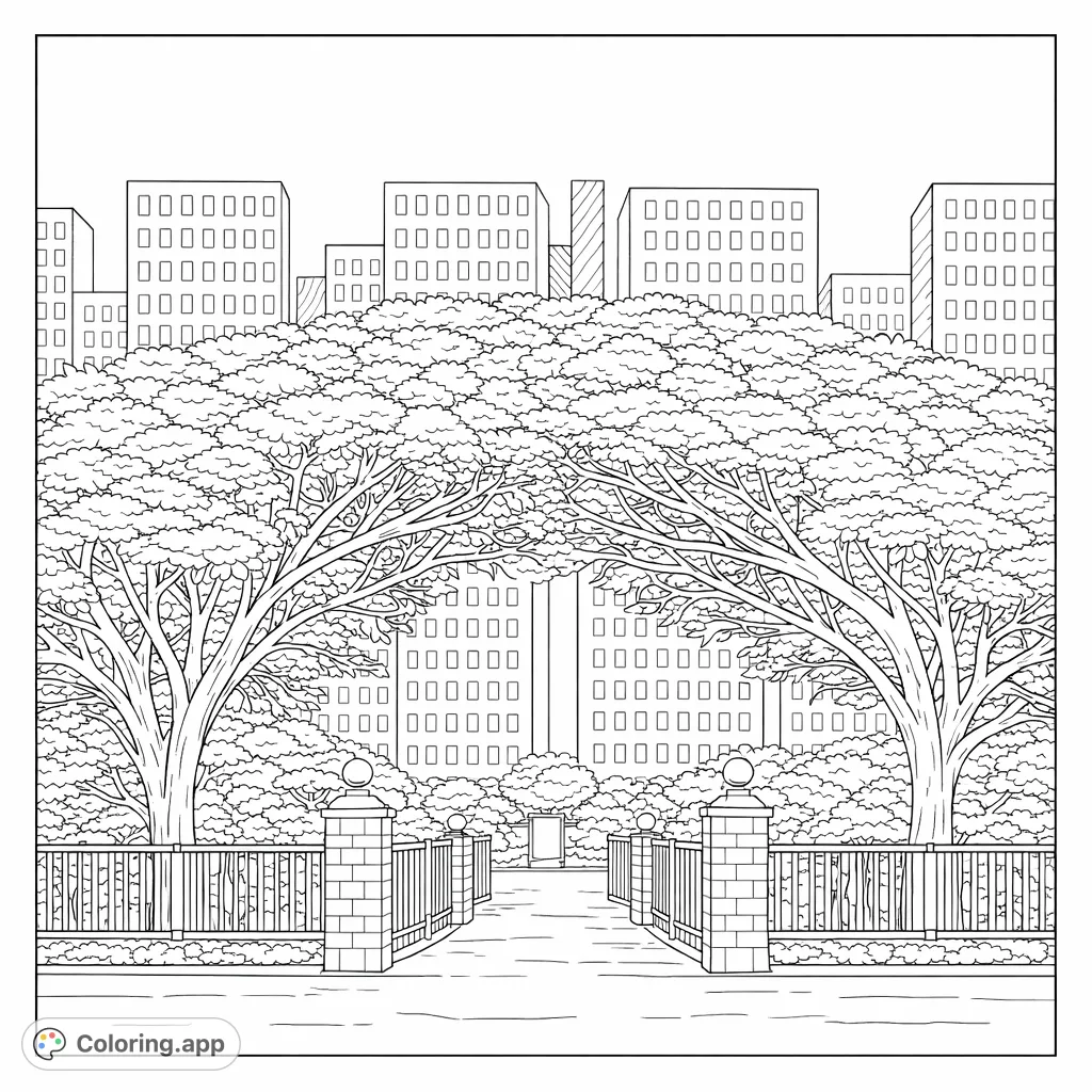 An intricate urban park gateway featuring two grand trees framing an open path, set against a detailed city skyline. A complex and engaging coloring page for all.