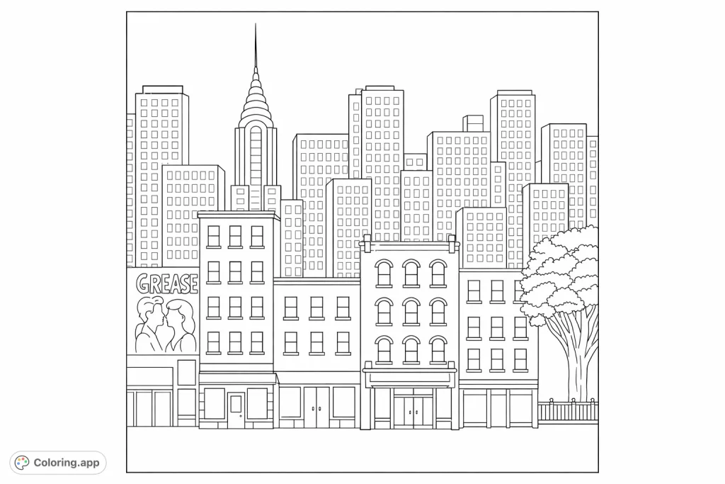 Immerse yourself in a detailed urban cityscape featuring iconic buildings and a classic movie poster. A complex, free printable cityscape coloring page.