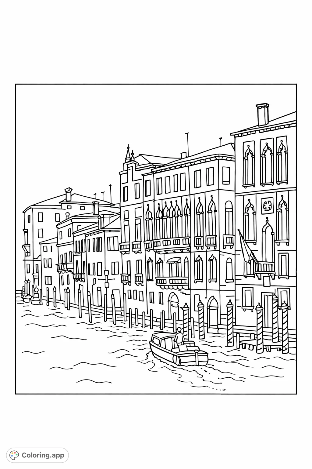 Explore a simplified Venetian canal cityscape, featuring charming historic buildings, a small boat, and calm waters. A delightful, easy-to-color scene.
