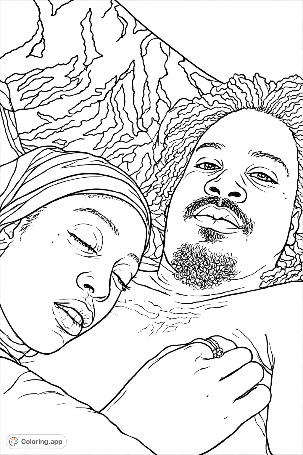 Capture a serene moment of two individuals peacefully resting together. This intimate scene features subtle details and a cozy backdrop for a relaxing coloring experience.