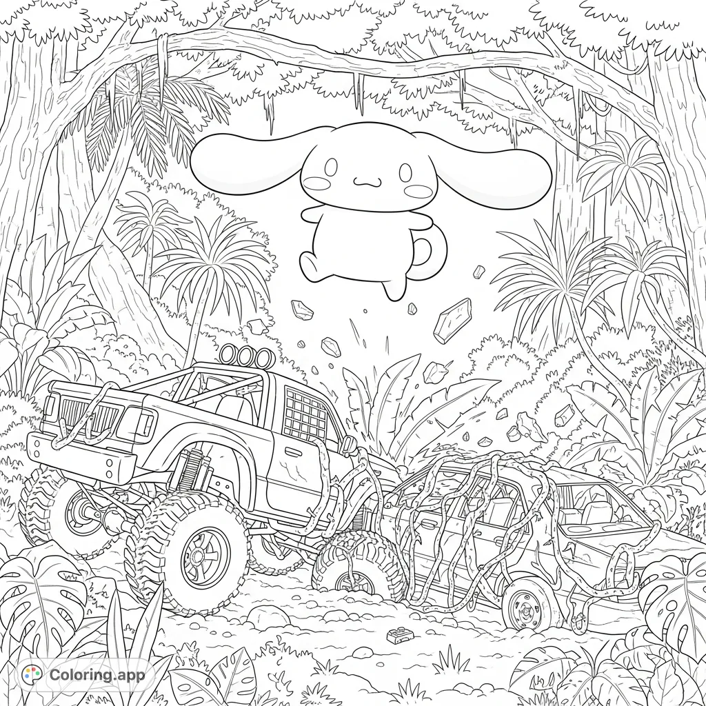 Cinnamoroll floats above a junkyard trophy truck crashing into an abandoned car in a detailed tropical rainforest, blending whimsy with wild action.