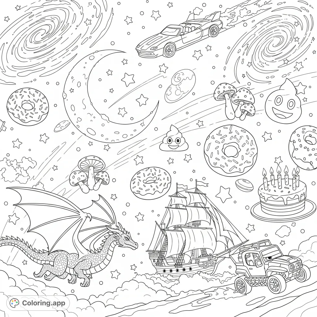 Explore a surreal cosmic realm with a majestic dragon, flying vehicles, and playful elements like donuts, mushrooms, and a poop emoji. A truly unique coloring page.