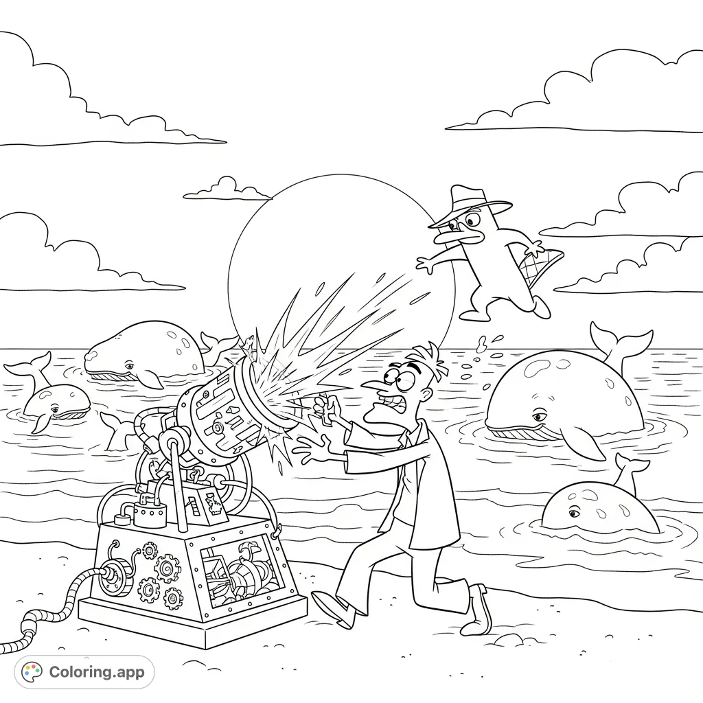 An action-packed Phineas and Ferb coloring page featuring Dr. Heinz Doofenshmirtz, Perry the Platypus, an enlargenator, and oversized whales at sunset.