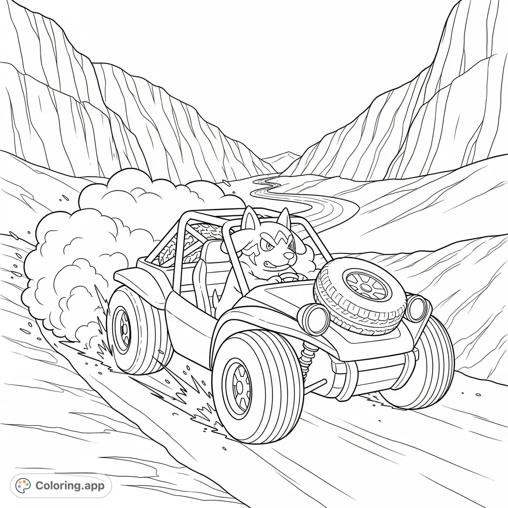 Greavard joyfully drifts a dune buggy through rugged desert mountains, kicking up sand. A dynamic and fun Pokémon adventure coloring page.