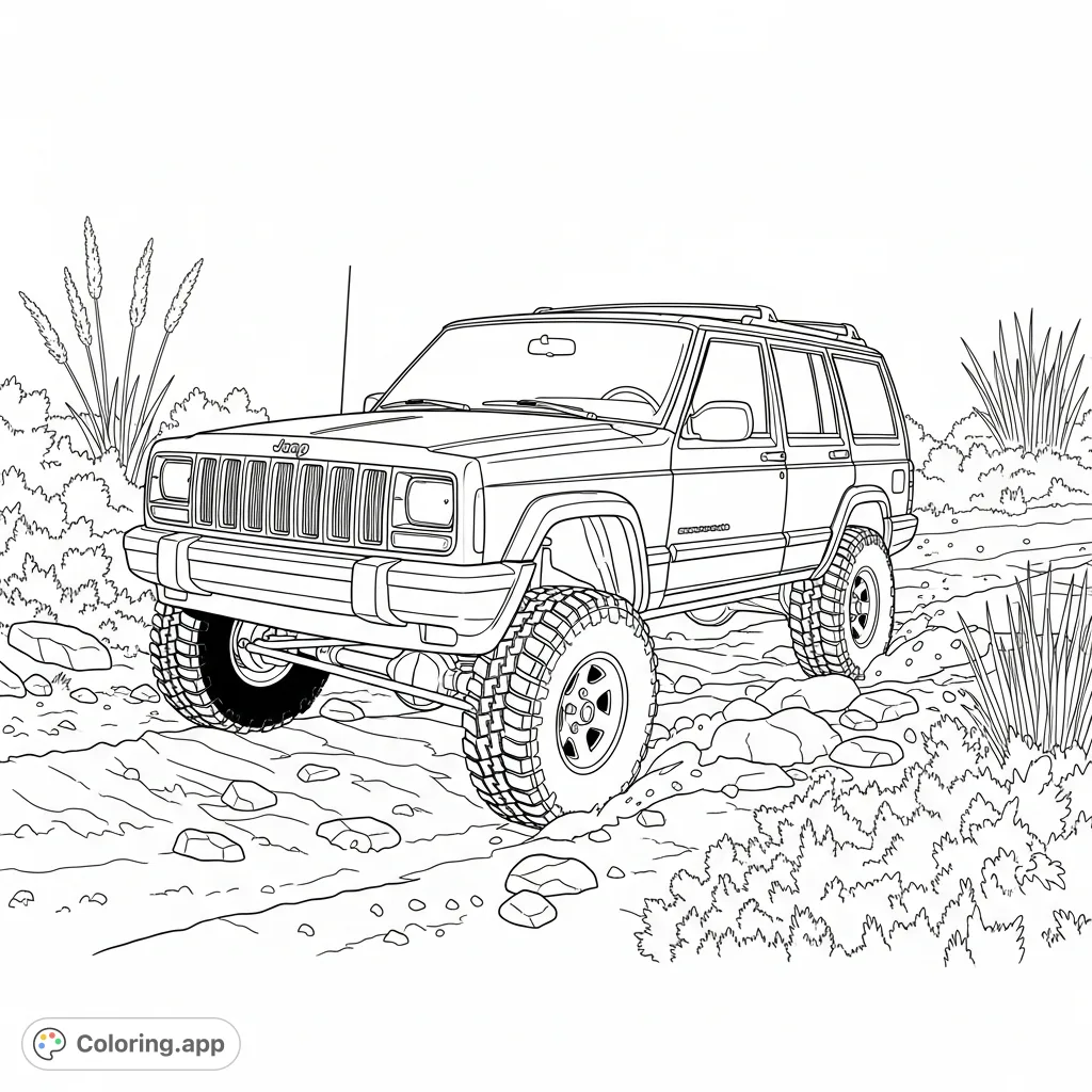 Conquer the wild with this 1999 Jeep Cherokee XJ coloring page. Featuring a lift kit and all-terrain tires, it's ready for any rugged trail.