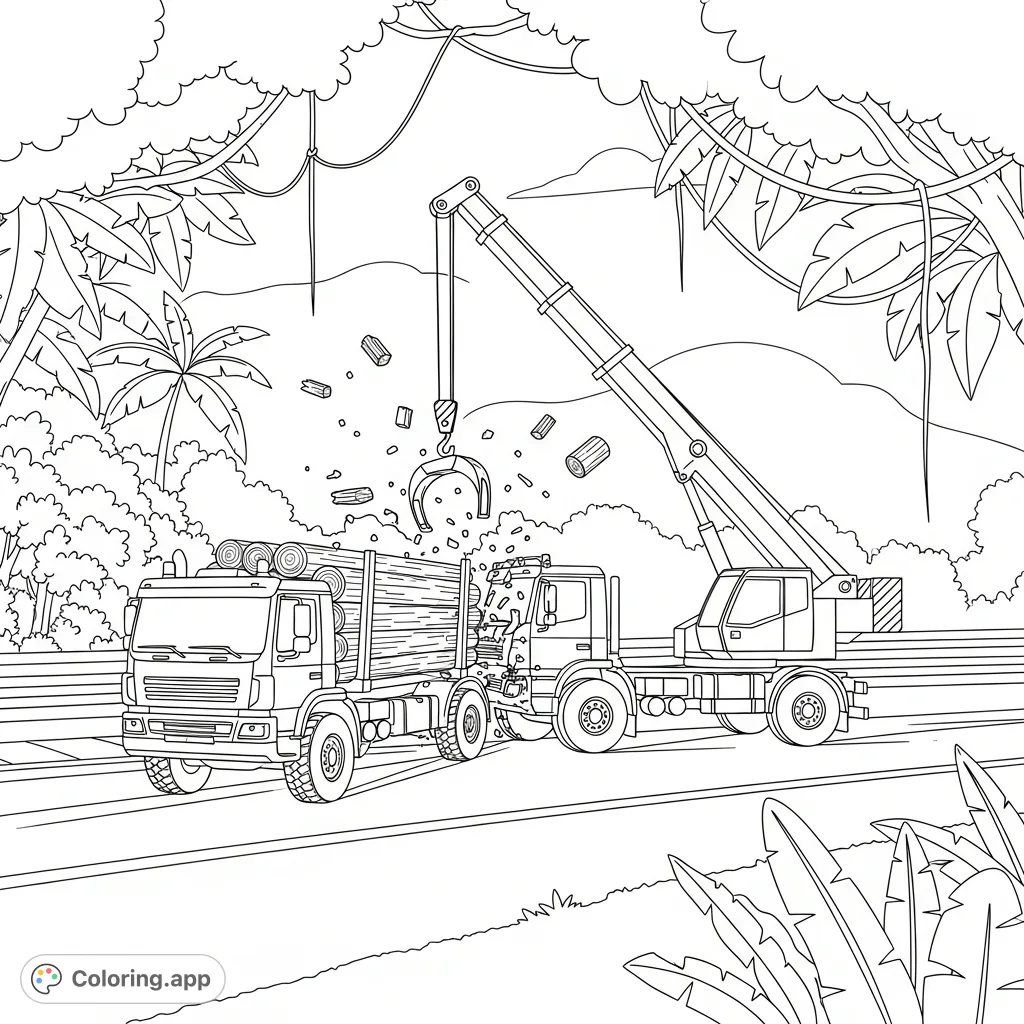 Experience the intense visual drama of a rally truck crash in a dense tropical rainforest. A lumber truck collides with a crane truck amidst flying debris.