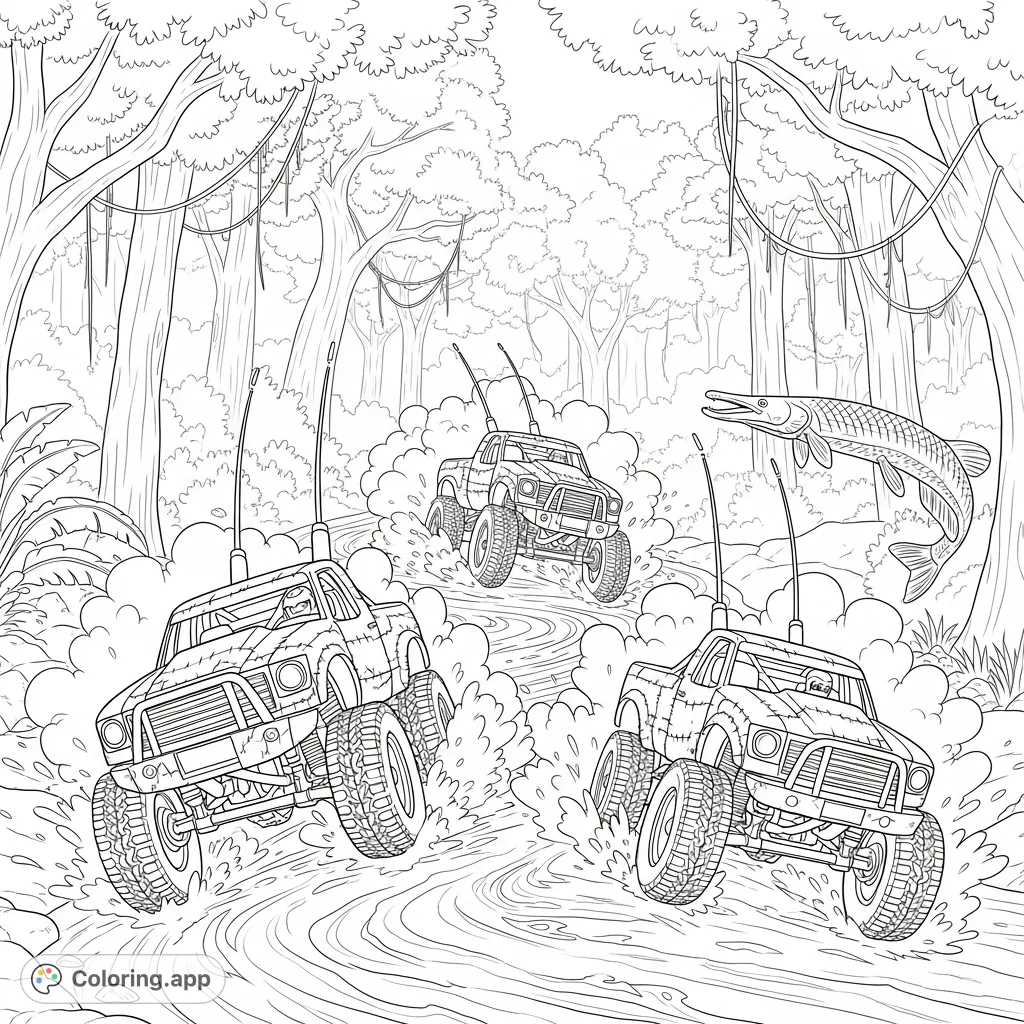 Three rugged junkyard trophy trucks race through a tropical rainforest river, kicking up spray as a gar leaps from the water. A dynamic, detailed scene.