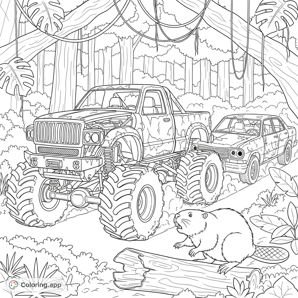 Witness a junkyard trophy truck and car, driverless, tearing through a dense rainforest, with the truck mid-crash into a startled beaver. A wild scene!