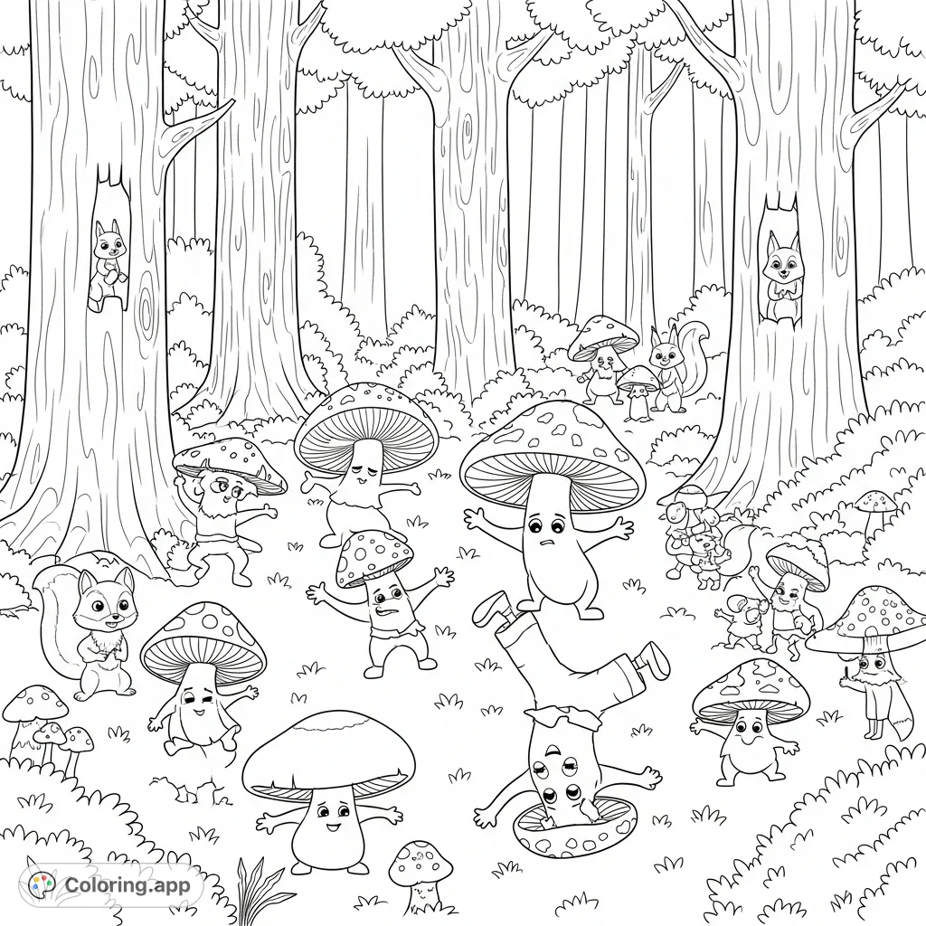 Join the whimsical mushroom characters as they host a wild dance party deep in the woods, with curious squirrels and foxes looking on.