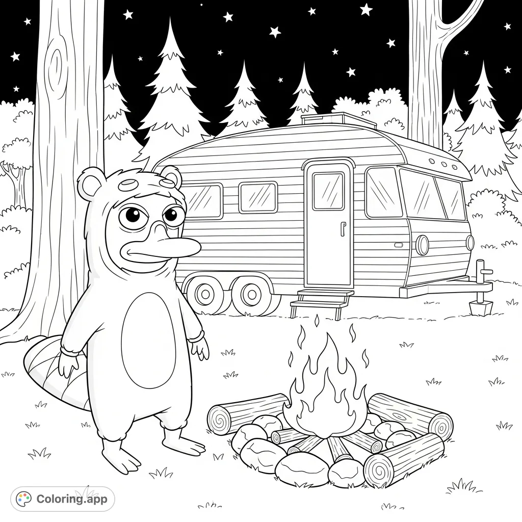 Join Perry the Platypus in his bear suit at a cozy campsite with a detailed camper. A fun Phineas and Ferb coloring page for all fans!