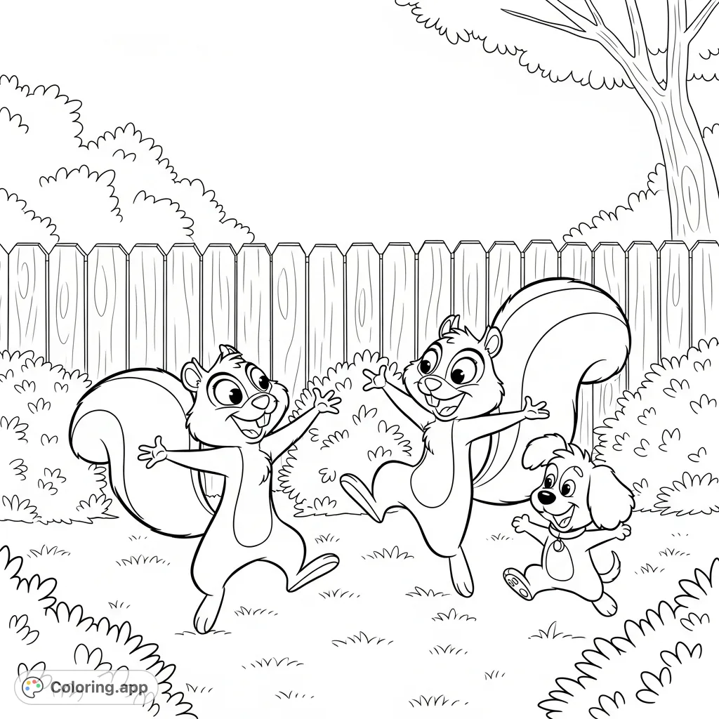 Join the hilarious Psycho squirrels and the adorable Poofy Pants dog in a lively backyard dance-off. A fun, free printable cartoon coloring page for kids!