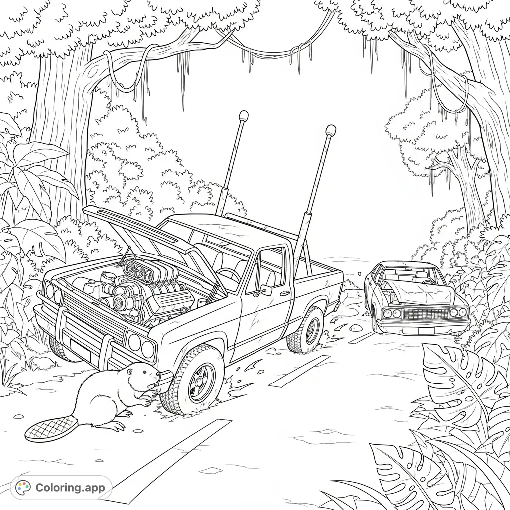 An intense rainforest scene featuring an abandoned trophy truck colliding with a beaver, alongside another driverless car on a chaotic jungle road. A unique adventure for colorists.
