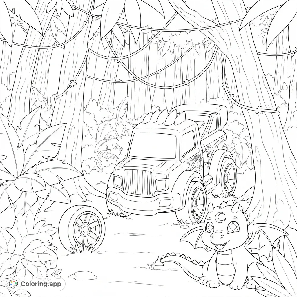 Join a Hotwheels Shredster and a cute, happy dragon in a lush tropical rainforest. Features a fallen wheel and a magical dragon with shimmering eyes.