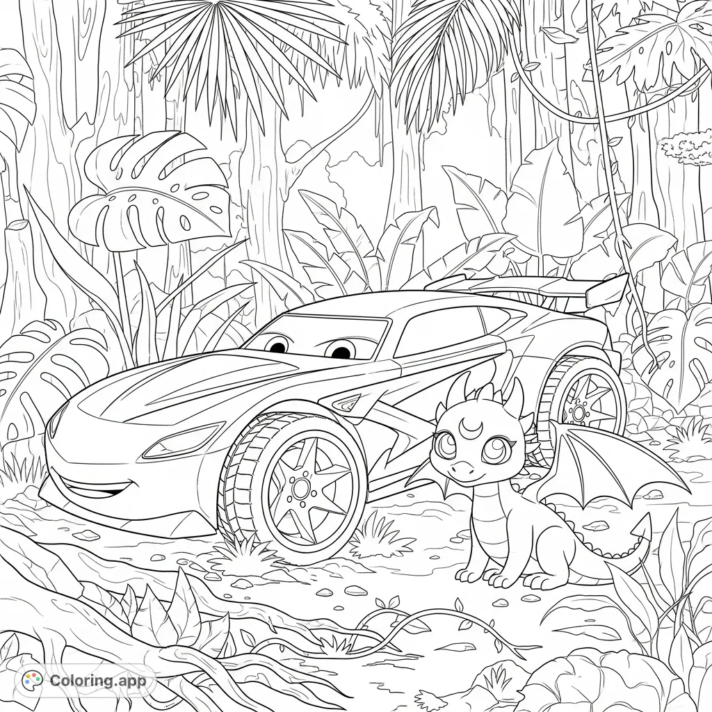 Zoom into adventure with a Hotwheels Shredster and a cute dragon in a detailed tropical rainforest, perfect for an exciting coloring challenge!