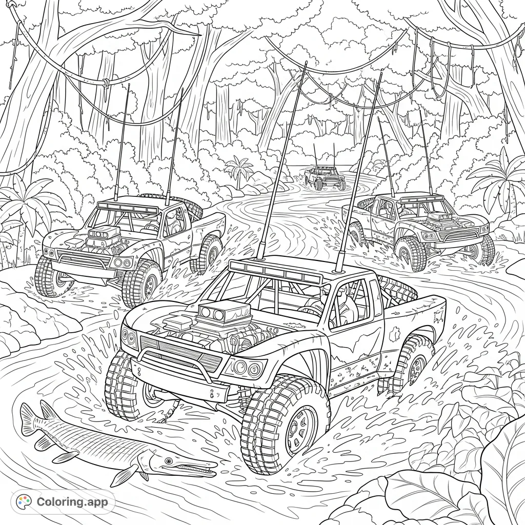 Three racing junkyard Trophy trucks power through a rainforest river, kicking up water. A gar leaps from the dynamic scene, surrounded by lush jungle.