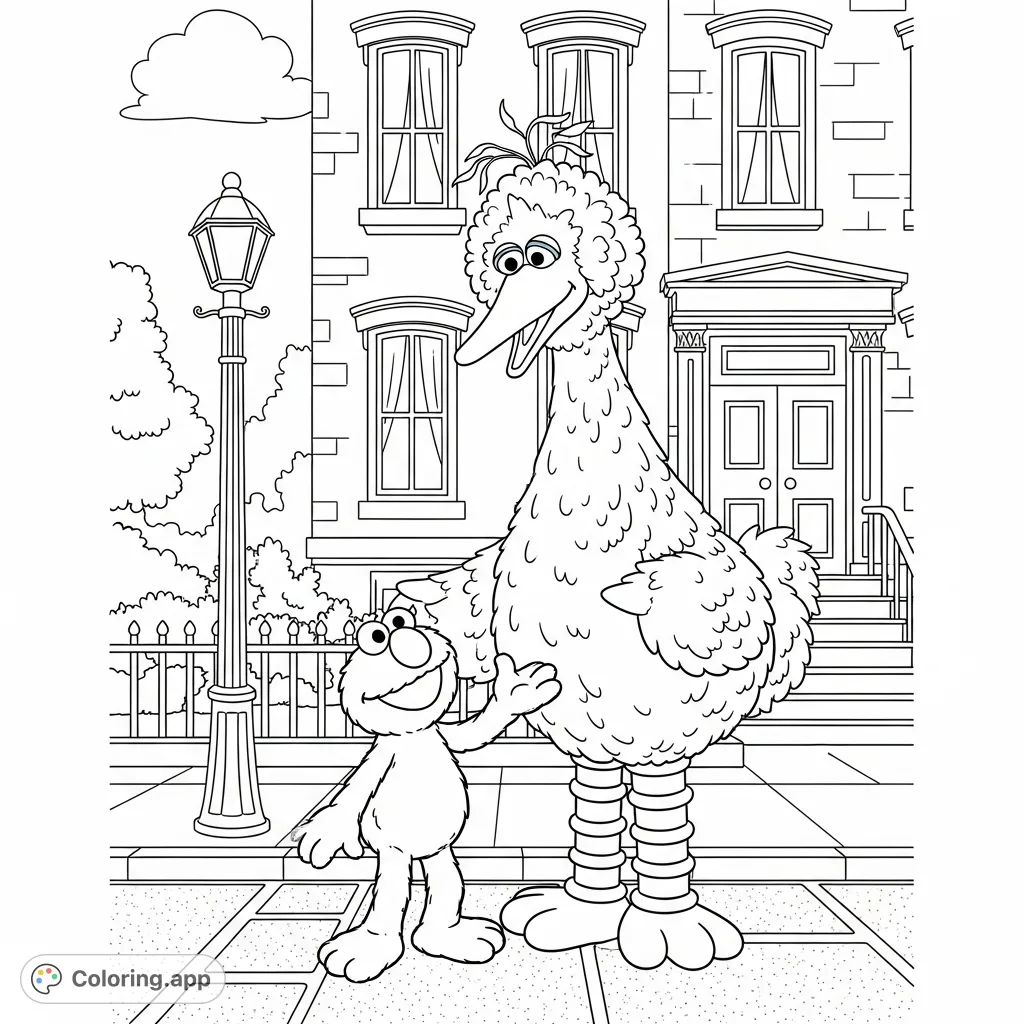 Join Elmo and Big Bird in a delightful Sesame Street scene. This free printable coloring page features the beloved characters smiling together for kids.
