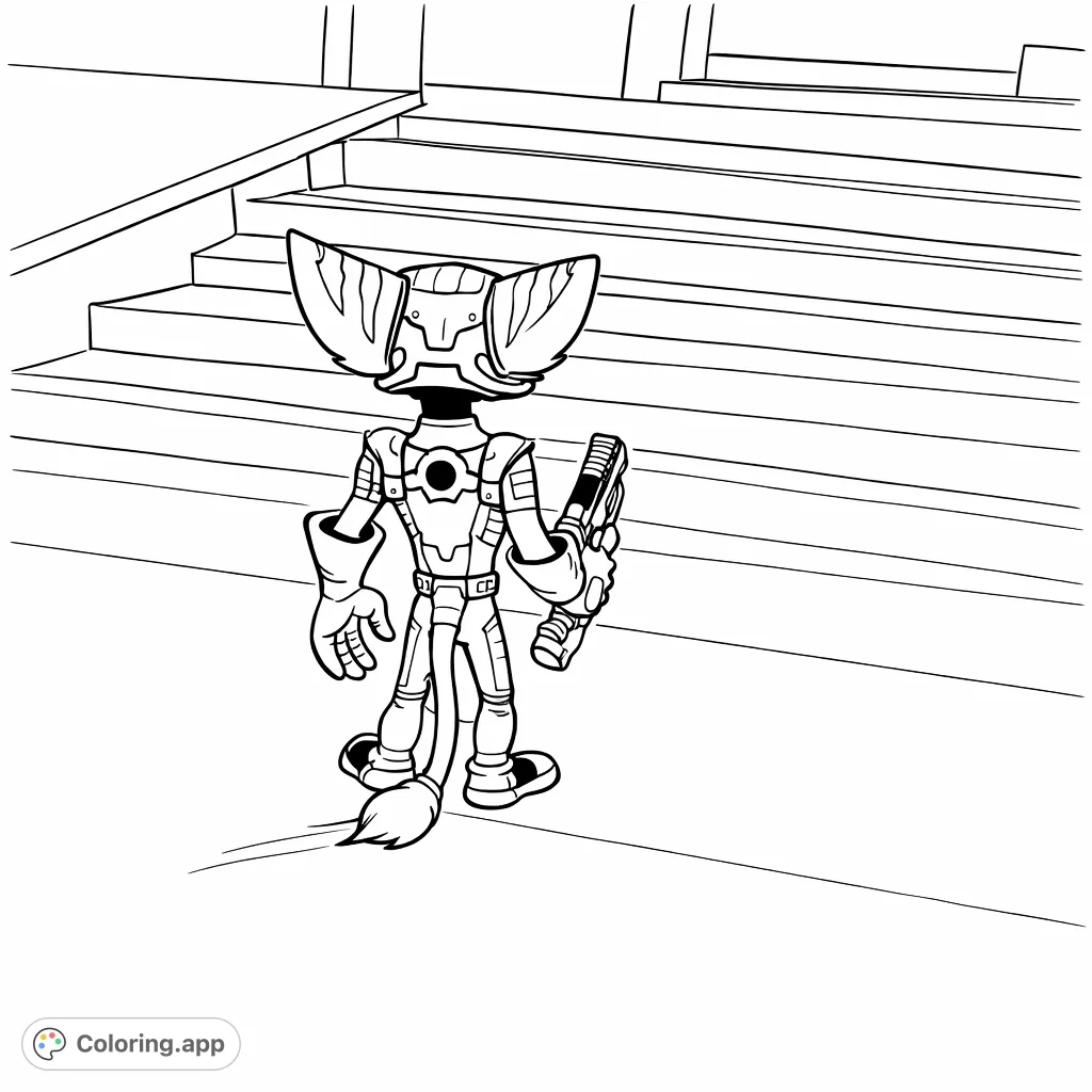 Color a detailed futuristic space adventurer with unique ears, a combat suit, and a long tail, standing amidst geometric platforms and stairs in a sci-fi setting.