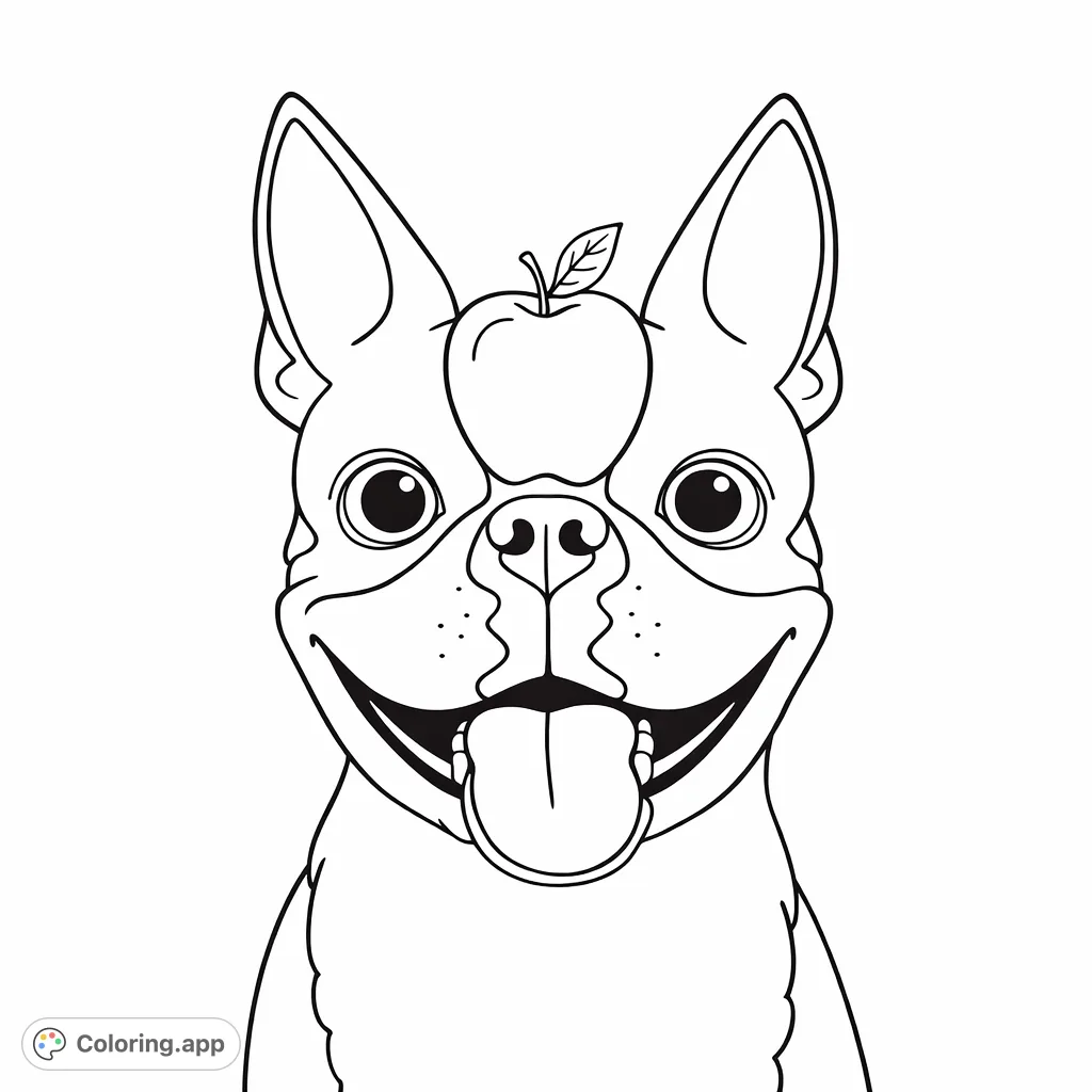 A charming Boston Terrier with a balanced apple on its head! This delightful free printable Boston Terrier coloring page is perfect for pet lovers of all ages.
