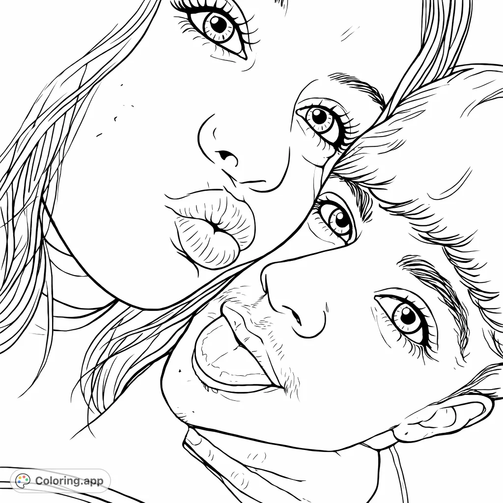 Capture the tender moment of two intertwined faces, one with playful puckered lips and another with a gentle gaze, perfect for personalizing with your artistic touch.