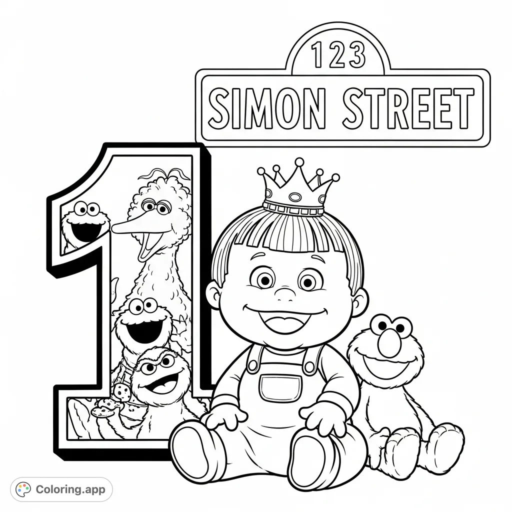 A delightful coloring page featuring a joyous baby with a crown and beloved characters Elmo, Cookie Monster, Big Bird, and Oscar the Grouch.