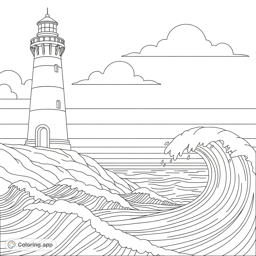 A majestic lighthouse on a rocky shore, surrounded by powerful crashing waves and an open sky. A serene yet dynamic scene perfect for relaxation and creativity.