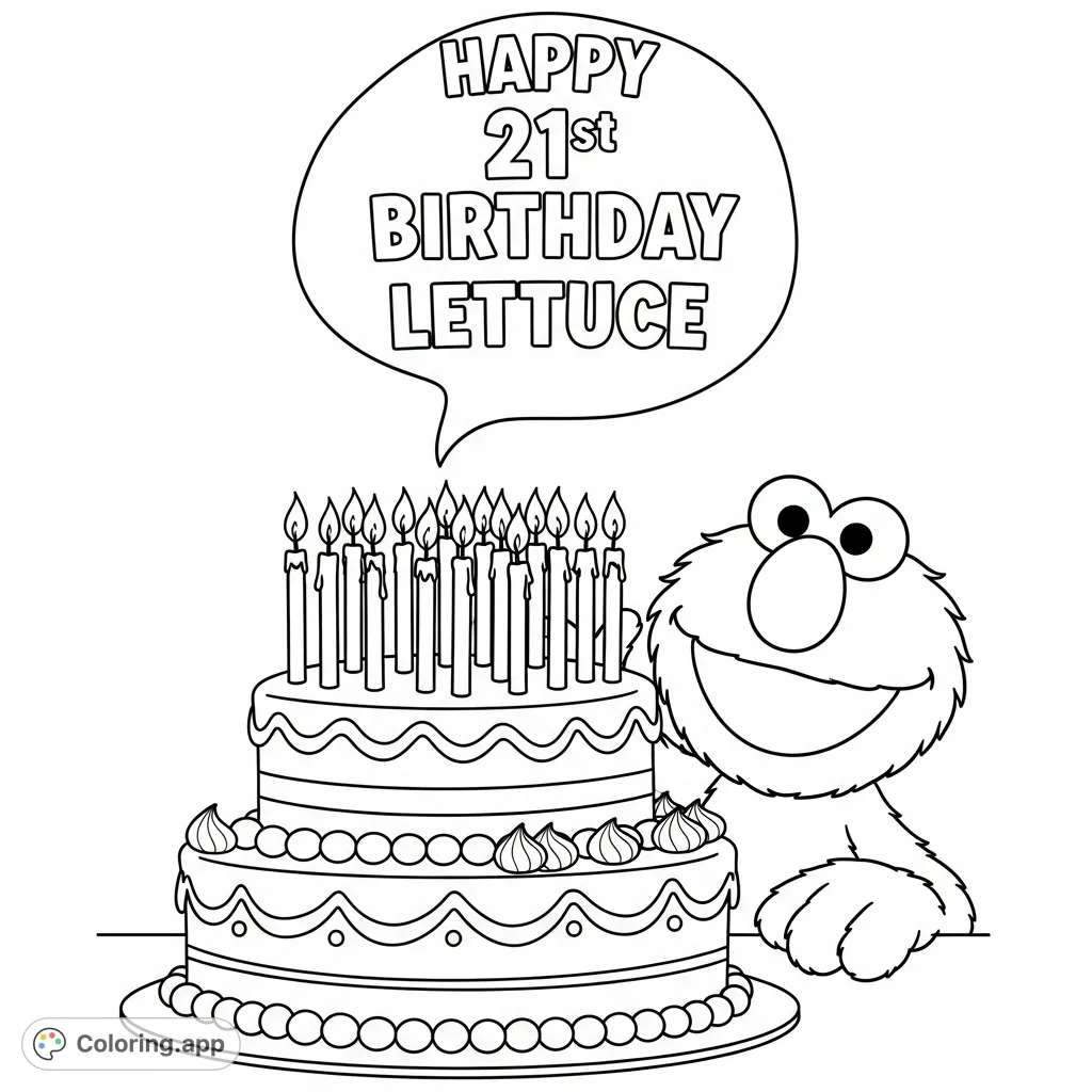 Celebrate with Elmo on his 21st birthday! A fun coloring page featuring Elmo, a festive cake with candles, and a special birthday message for Lettuce.