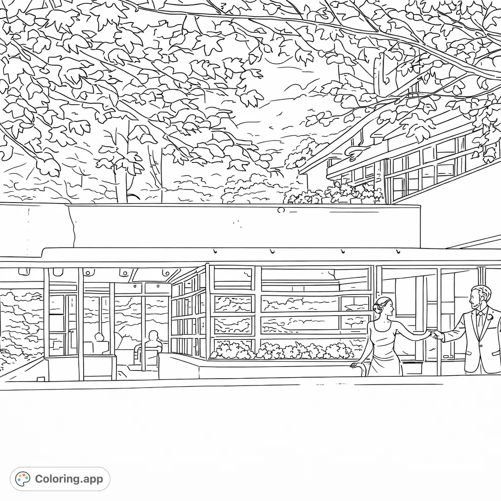 An elegant couple celebrates their special day on a unique architectural terrace amidst a lush natural setting. A sophisticated wedding coloring page.