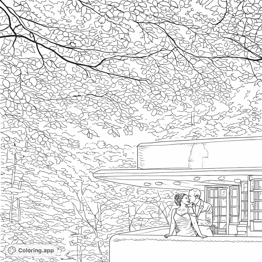 A romantic moment on a forest balcony. A couple embraces by an architectural structure amidst lush trees, perfect for celebrating love and nature.