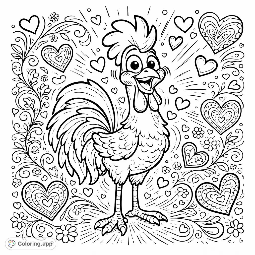 A delightful cartoony rooster stands smiling, surrounded by charming heart patterns. A highly detailed, dynamic composition perfect for a fun coloring adventure!