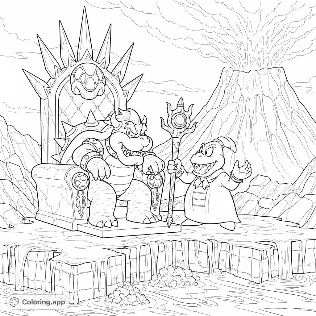 Color Bowser and Kamek plotting on a spiky throne amidst a fiery landscape with bubbling lava and an active volcano in this exciting scene!