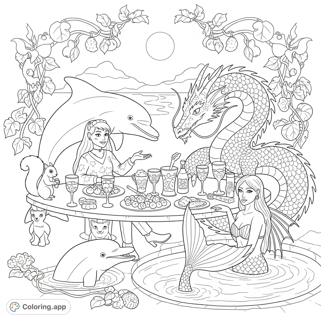 A unique social gathering coloring page featuring Jamie Starr with a dolphin, dragon, mermaid, and squirrel, enjoying food and drink in a serene setting.