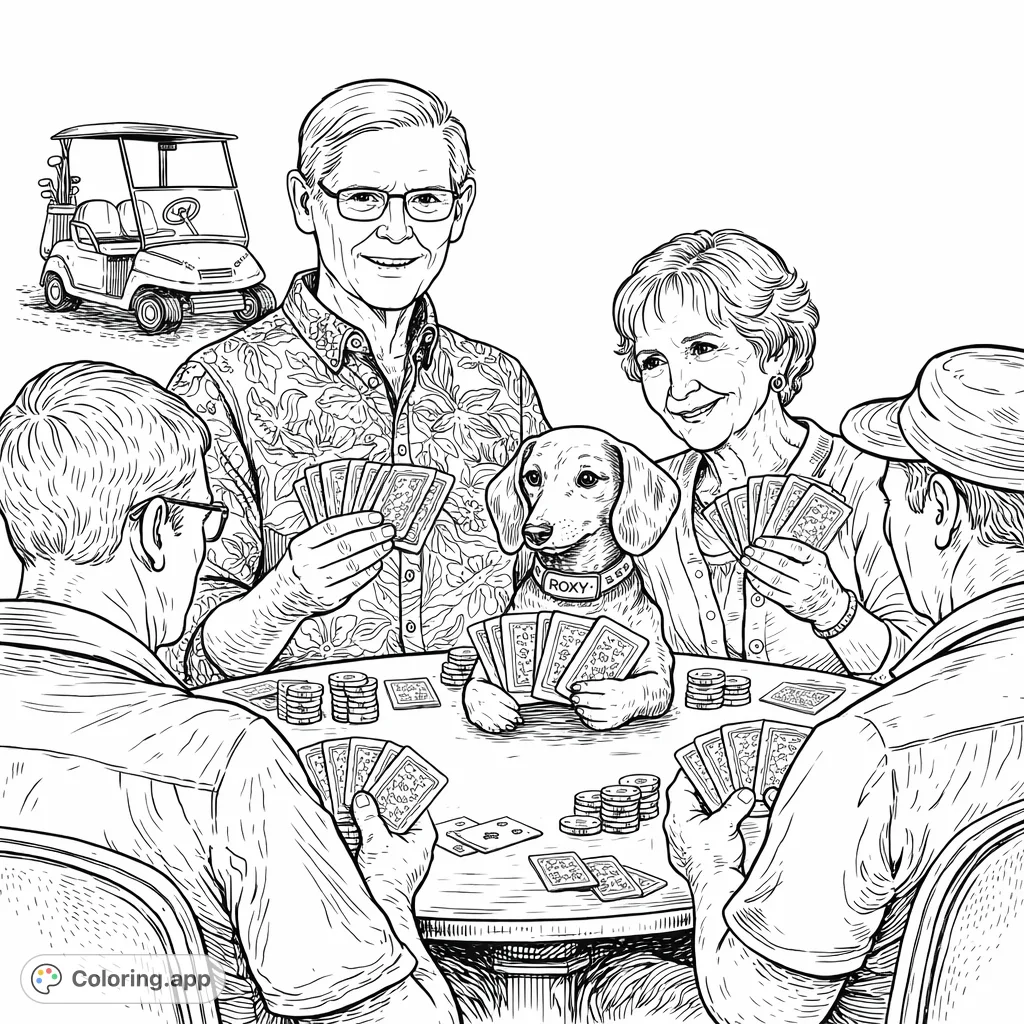 Join Roxy the dachshund and friends for a detailed retro poker night! This vintage coloring page features card players, a golf cart, and intricate details for hours of creative fun.