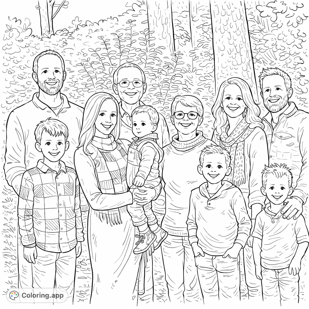 A heartwarming, whimsical family portrait outdoors, perfect for adding your personal touch. Capture the joy of togetherness on this free printable family coloring page.