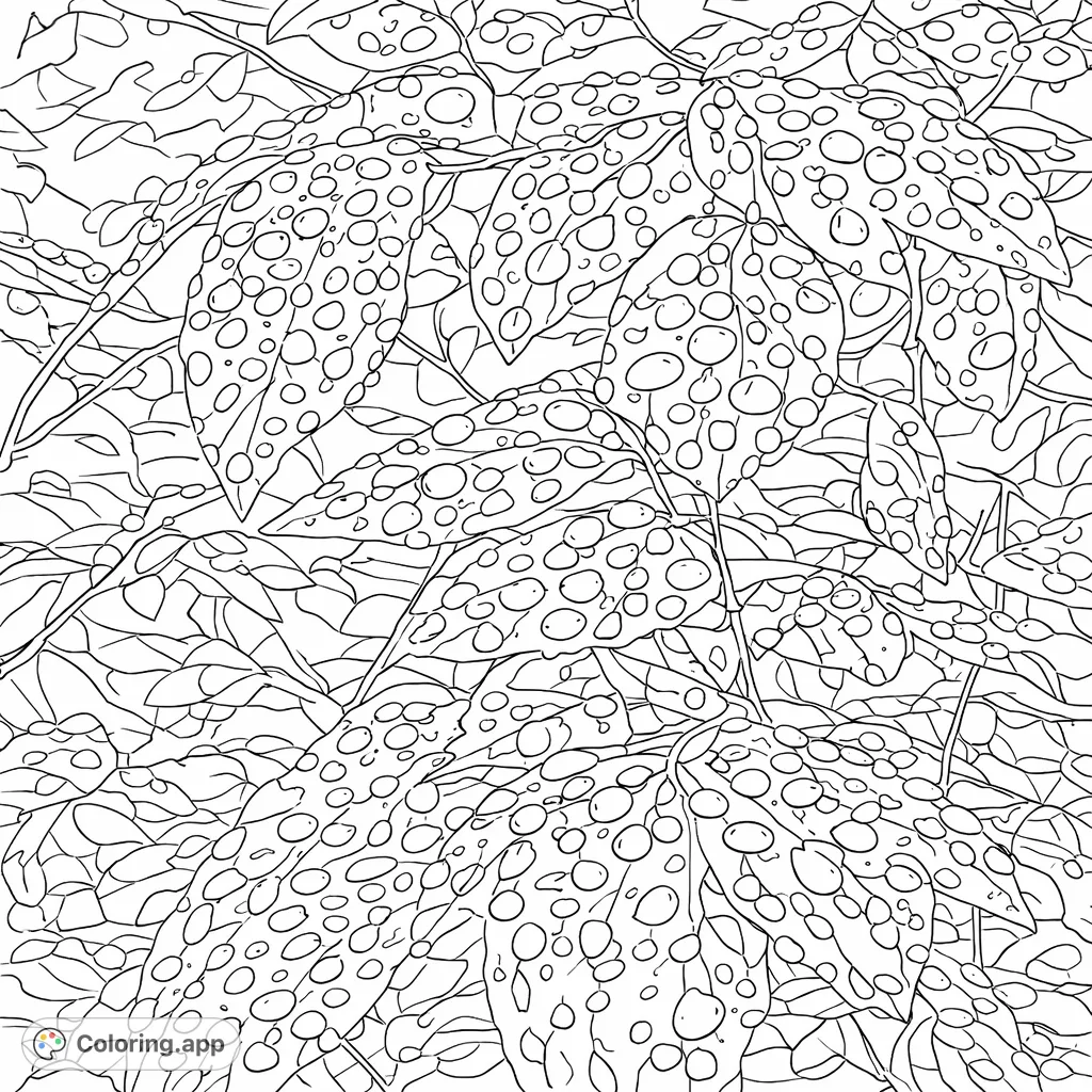 A close-up of broad leaves covered in numerous delicate liquid droplets, offering a detailed nature scene for a calming and intricate coloring experience.