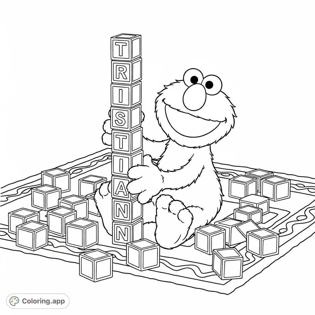 Elmo sits on a patterned rug, building a block tower spelling TRISTIAN. Scattered blocks create a lively, engaging scene for young colorists.