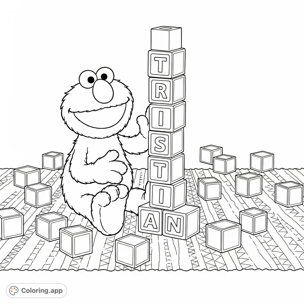 Elmo builds a block tower spelling TRISTIAN, surrounded by scattered blocks on a patterned rug. A delightful Elmo coloring page for playful learning.