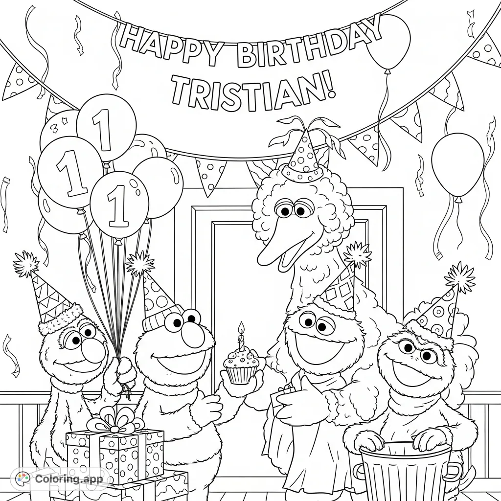 Join Elmo, Big Bird, Cookie Monster, and friends for a lively birthday celebration. A fun-filled scene with presents, balloons, and cake awaits your artistic touch!