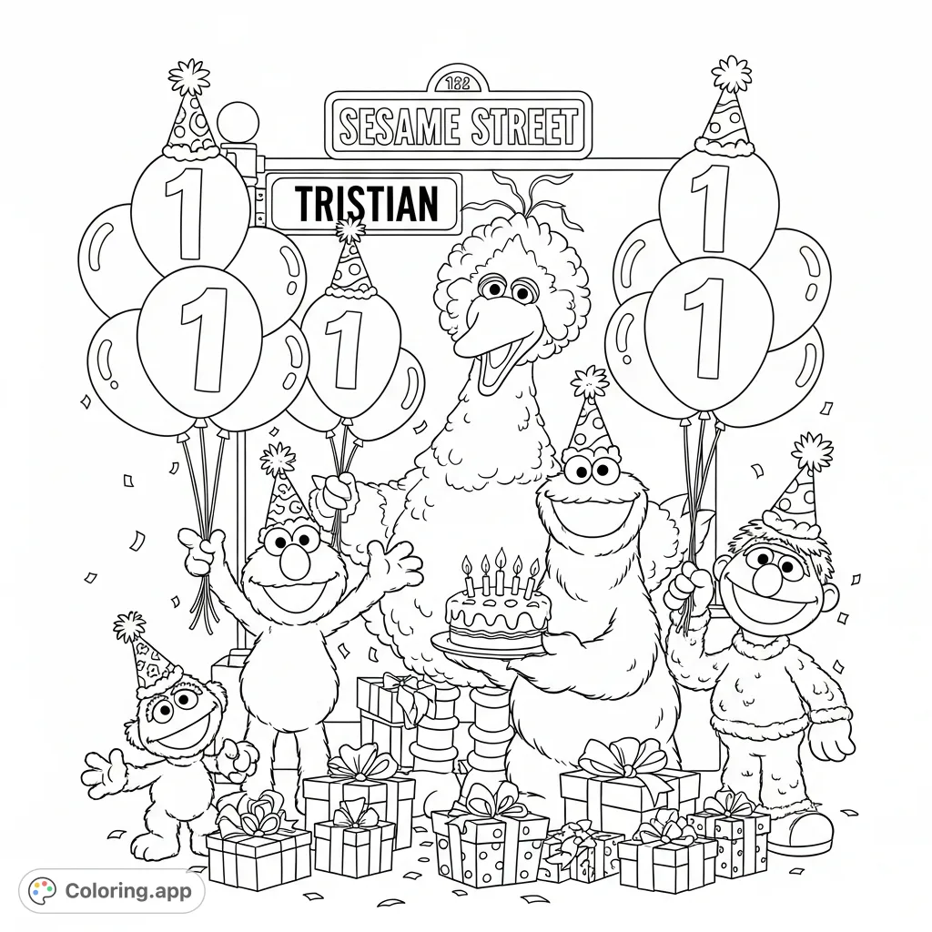 Join Elmo, Big Bird, Cookie Monster, and Grover for a 'Tristian Street' birthday party with balloons, cake, and gifts. A fun Sesame Street coloring page!