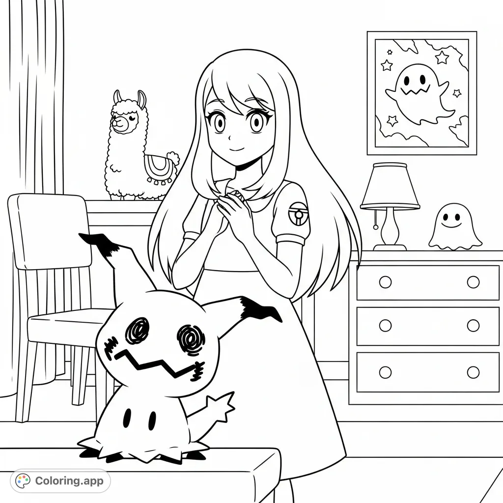 A charming Mimikyu coloring page featuring a young girl in a cozy room, surrounded by familiar objects and a surprise Pokemon encounter. Perfect for fans!