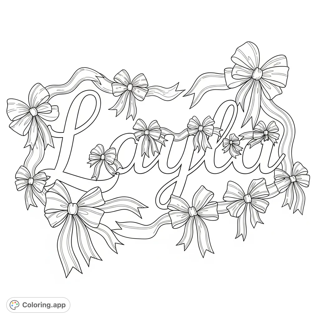 A delightful Layla coloring page featuring the name in elegant script, adorned with an array of graceful bows and flowing ribbons, perfect for personalization.