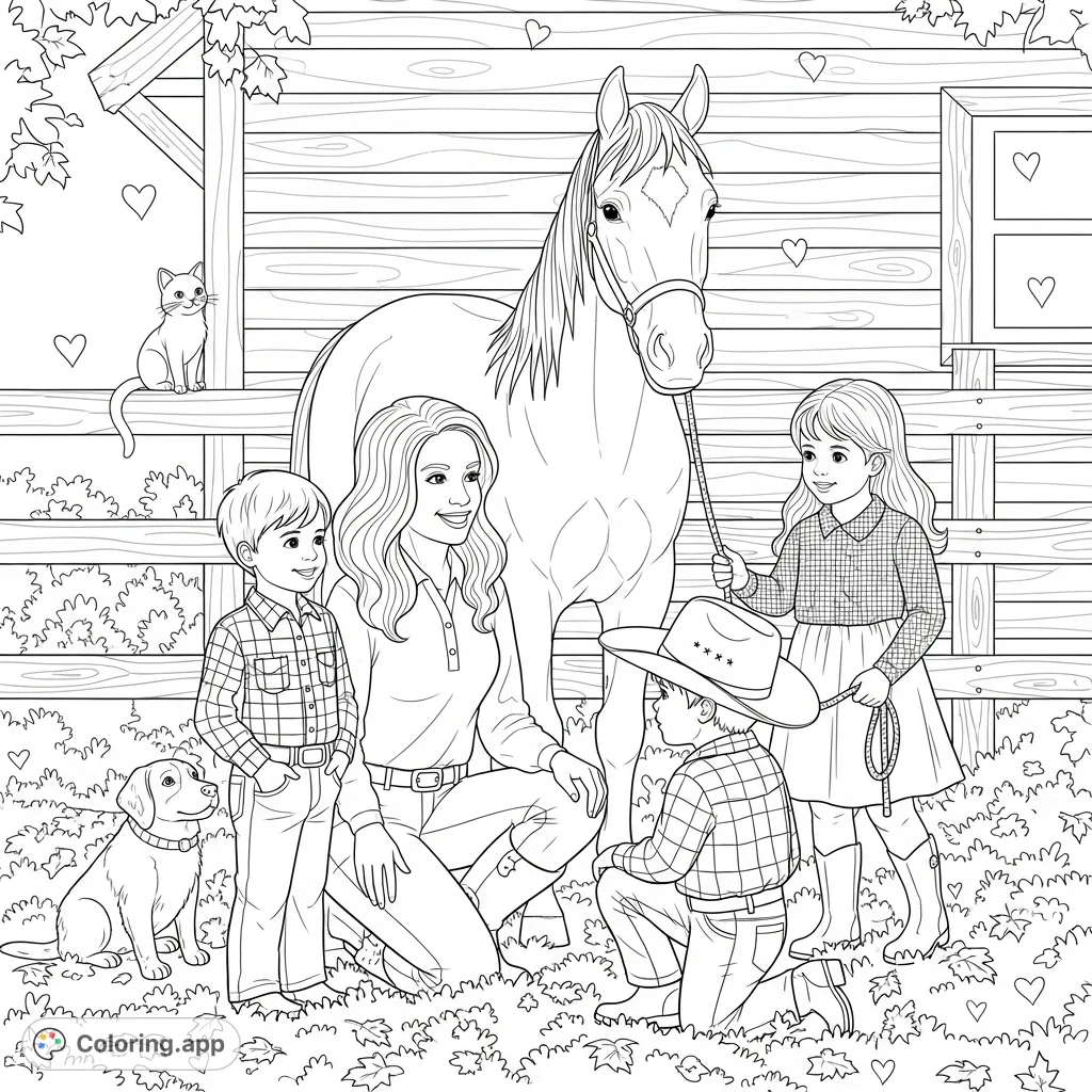 A delightful family farm coloring page, featuring a heartwarming scene with a family, a horse, a rustic building, and subtle heart patterns.