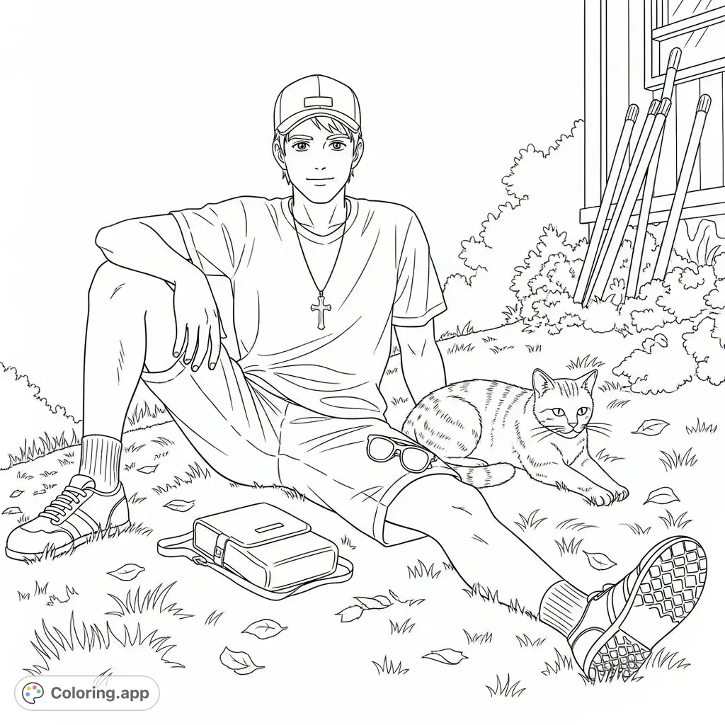 A man with a baseball cap and his feline friend relax outdoors on a vegetated slope. Features a cross pendant, pack, and dwelling in the background. Perfect for a calming coloring experience.