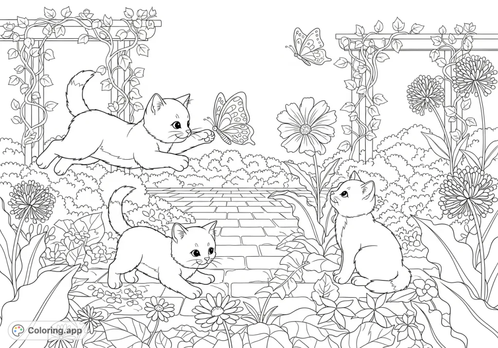 A delightful kittens and butterflies coloring page set in a beautiful garden, perfect for animal lovers. Experience the joy of nature and play.