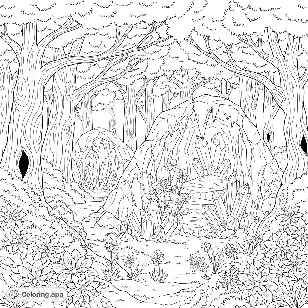 Explore a magical enchanted forest featuring clusters of shimmering flowers and a hidden crystal cave adorned with delicate crystal blossoms. A captivating fantasy scene.