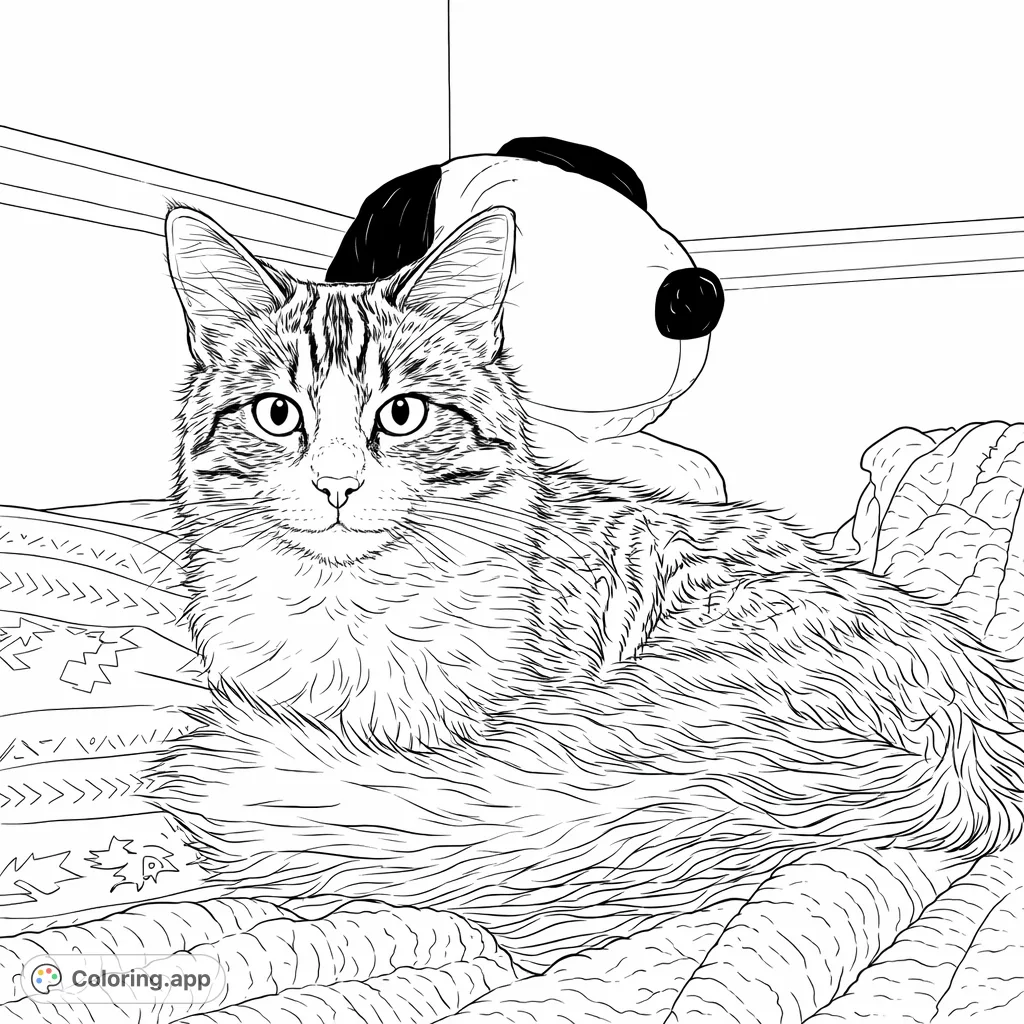 A charming fluffy cat resting peacefully on a textured blanket with a plush toy nearby. Perfect for cat lovers of all ages to color and enjoy.