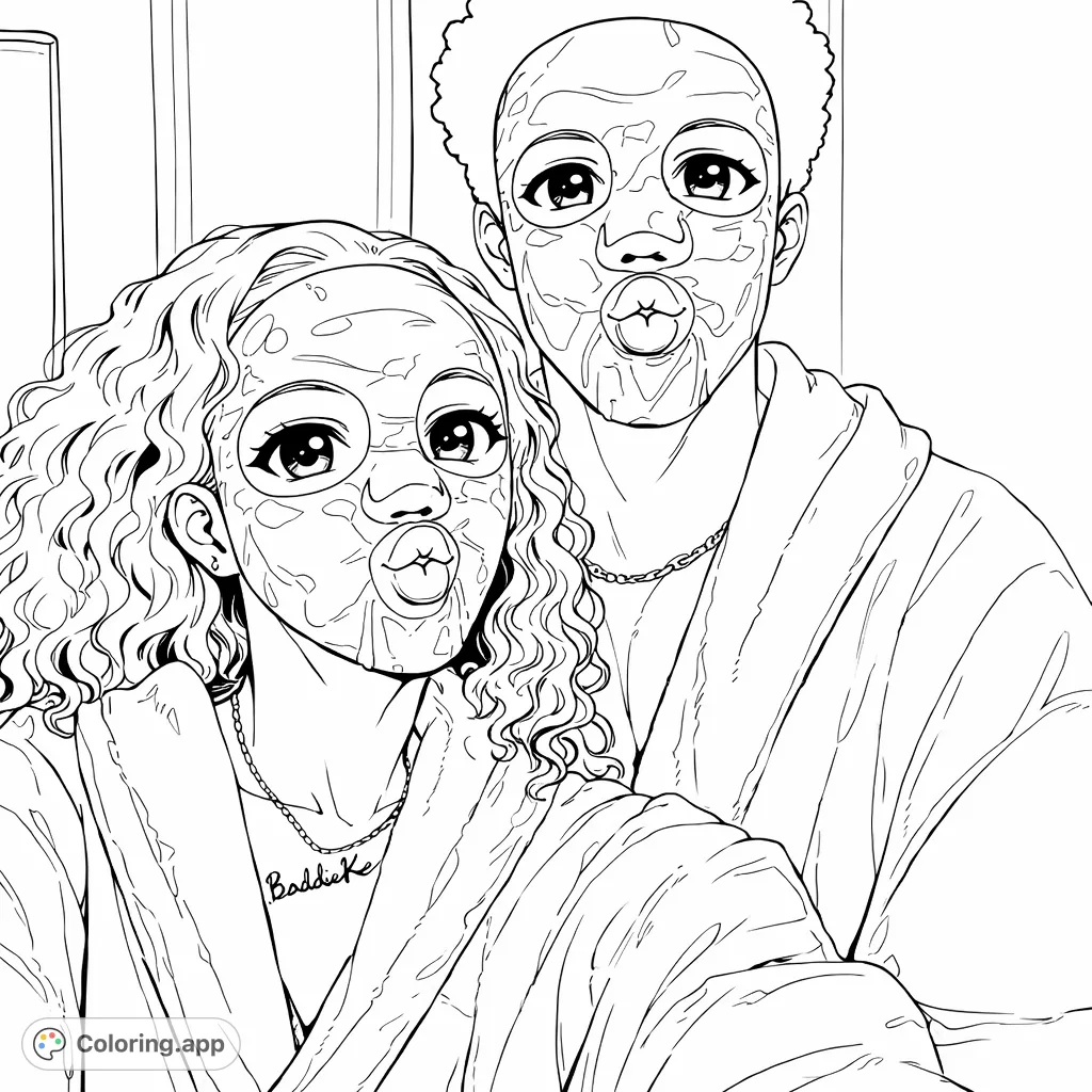 Capture a cozy, anime-inspired self-care moment with this delightful coloring page featuring two individuals enjoying a facial mask session in comfy robes. Perfect for relaxation and fun!