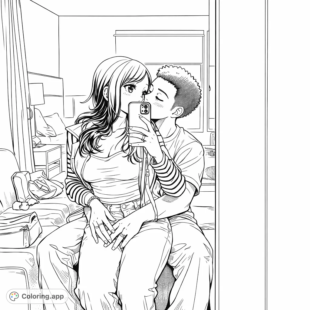 Capture the tender moment of a loving couple in a romantic embrace, designed in an anime style with characteristic eyes and expressions. A perfect anime couple coloring page.