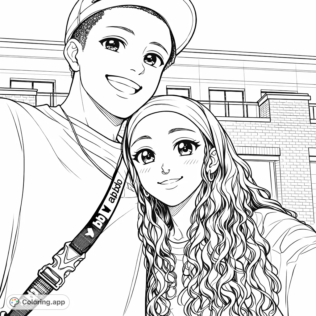 A joyful anime-inspired portrait of a young couple, sharing a sweet moment. Perfect for personalizing with your favorite colors and expressive hues.